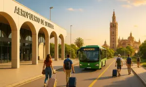Ludzie z walizkami idą w stronę zielonego autobusu przed budynkiem Aeropuerto de Sevilla. W tle widać wieżę katedry.