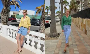 Fuerteventura w grudniu: pogoda idealna na letnie ubrania. Kobieta w żółtej koszuli i szortach, a potem w zielonej bluzce i jeansowej spódnicy, cieszy się słońcem.