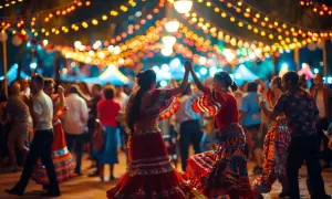 Tłum ludzi tańczy pod kolorowymi światłami podczas **feria de Málaga**. Dwie kobiety w tradycyjnych strojach wirują w radosnym tańcu.