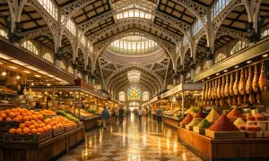 Wnętrze Mercado Central w Walencji, pełne kolorowych owoców, przypraw i wiszących szynek, pod imponującym, przeszklonym dachem.