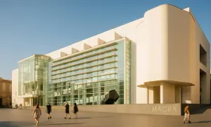 MACBA, muzeum sztuki współczesnej Barcelona, z nowoczesną architekturą i rzeźbą na placu.