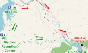 Mapa szlaku El Caminito del Rey z zaznaczonymi parkingami (P1, P2, P3), wejściami (Acceso Norte, Acceso Sur) i centrum recepcyjnym.