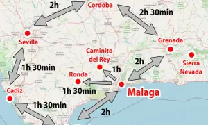 Mapa drogowa Andaluzji: trasa z Sewilli do Kordoby (2h), Malagi (2h), Grenady (2h 30min) i innych miast.
