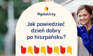 Uśmiechnięta kobieta w niebieskiej bluzce uczy, jak powiedzieć dzień dobry po hiszpańsku.