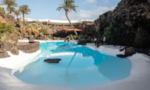 Basen w otoczeniu wulkanicznych skał na Lanzarote, z palmą pochyloną nad turkusową wodą.