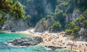 Słoneczna plaża w Gironie tętni życiem. Ludzie odpoczywają na piasku, kąpią się w turkusowej wodzie, a skaliste klify porośnięte zielenią tworzą malownicze tło.