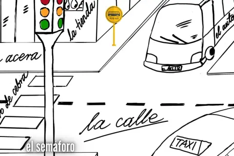 Ilustracja miejska z napisem "la calle", "el semáforo", "la acera", "el paso de cebra", "la tienda", "el autobus". Wskazywanie drogi po hiszpańsku.