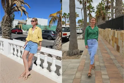 Fuerteventura w grudniu: pogoda idealna na letnie ubrania. Kobieta w żółtej koszuli i szortach, a potem w zielonej bluzce i jeansowej spódnicy, cieszy się słońcem.