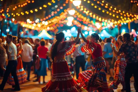 Tłum ludzi tańczy pod kolorowymi światłami podczas **feria de Málaga**. Dwie kobiety w tradycyjnych strojach wirują w radosnym tańcu.