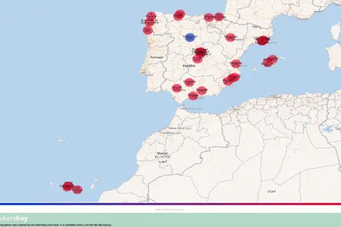 Mapa temperatur w Hiszpanii w listopadzie: od 13°C w Valladolid do 23°C na Wyspach Kanaryjskich.