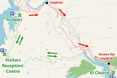 Mapa szlaku El Caminito del Rey z zaznaczonymi parkingami (P1, P2, P3), wejściami (Acceso Norte, Acceso Sur) i centrum recepcyjnym.
