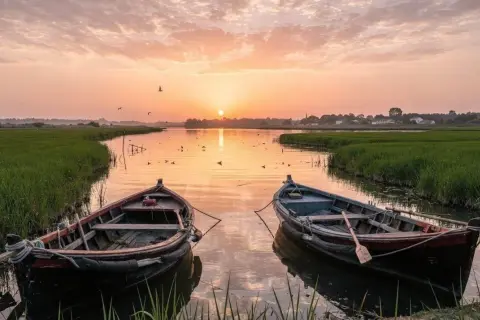 Dwa łodzie kołyszą się na spokojnej wodzie Albufera Valencia o zachodzie słońca, otoczone zielonymi polami ryżowymi.