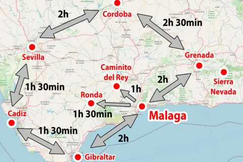 Mapa drogowa Andaluzji: trasa z Sewilli do Kordoby (2h), Malagi (2h), Grenady (2h 30min) i innych miast.