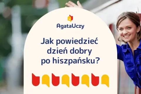 Uśmiechnięta kobieta w niebieskiej bluzce uczy, jak powiedzieć dzień dobry po hiszpańsku.
