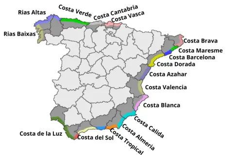 Mapa Hiszpanii z podziałem na wybrzeża: od Rias Baixas po Costa Brava. Pokazuje, jakie morze obmywa poszczególne regiony.