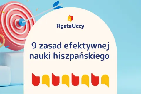 Celuj w sukces! 9 zasad efektywnej nauki hiszpańskiego od AgataUczy. Strzałka trafia w środek tarczy, symbolizując osiągnięcie celu w nauce.