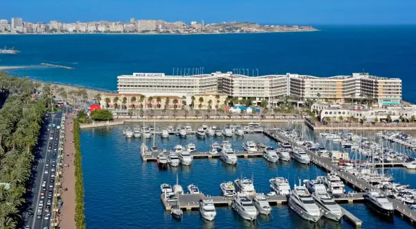 Alicante wczasy: luksusowe jachty w marinie, hotel Meliá Alicante i plaża z palmami.
