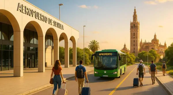 Ludzie z walizkami idą w stronę zielonego autobusu przed budynkiem Aeropuerto de Sevilla. W tle widać wieżę katedry.