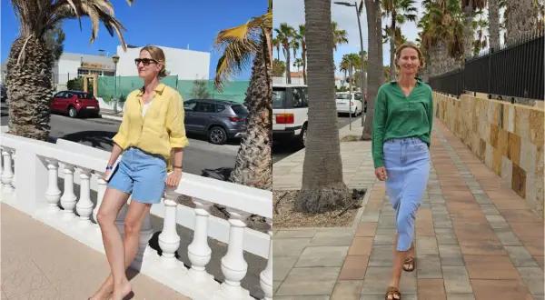 Fuerteventura w grudniu: pogoda idealna na letnie ubrania. Kobieta w żółtej koszuli i szortach, a potem w zielonej bluzce i jeansowej spódnicy, cieszy się słońcem.