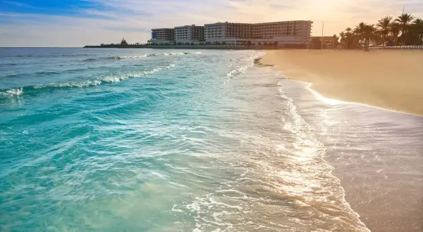 Piękne, turkusowe morze obmywa piaszczyste wybrzeże Costa Blanca. W oddali widać hotel i palmy.