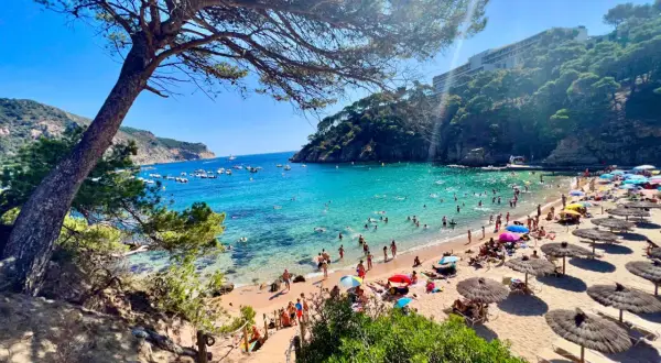 Słoneczne plaże w Hiszpanii tętnią życiem. Ludzie kąpią się w turkusowej wodzie, opalają na piasku pod parasolami i spacerują brzegiem morza.