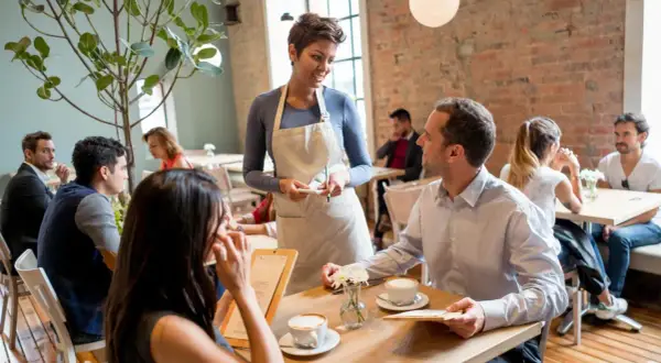 Kelnerka notuje zamówienie podczas dialogu w restauracji po hiszpańsku.