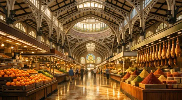 Wnętrze Mercado Central w Walencji, pełne kolorowych owoców, przypraw i wiszących szynek, pod imponującym, przeszklonym dachem.