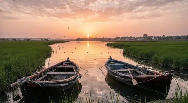 Dwa łodzie kołyszą się na spokojnej wodzie Albufera Valencia o zachodzie słońca, otoczone zielonymi polami ryżowymi.