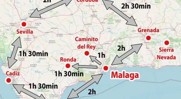 Mapa drogowa Andaluzji: trasa z Sewilli do Kordoby (2h), Malagi (2h), Grenady (2h 30min) i innych miast.