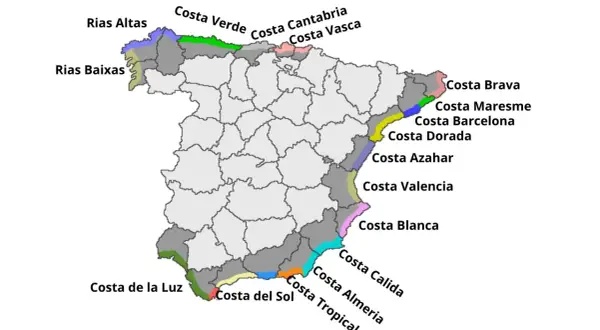 Mapa wybrzeży Hiszpanii z nazwami regionów, np. Costa Brava, Costa del Sol. Wiele lotnisk w Hiszpanii znajduje się w pobliżu tych popularnych turystycznie wybrzeży.