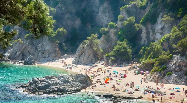 Słoneczna plaża w Gironie tętni życiem. Ludzie odpoczywają na piasku, kąpią się w turkusowej wodzie, a skaliste klify porośnięte zielenią tworzą malownicze tło.