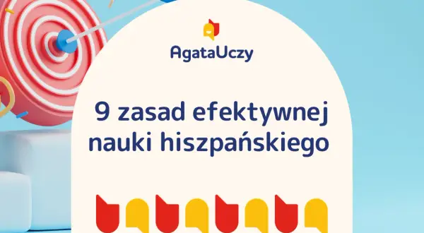 Celuj w sukces! 9 zasad efektywnej nauki hiszpańskiego od AgataUczy. Strzałka trafia w środek tarczy, symbolizując osiągnięcie celu w nauce.