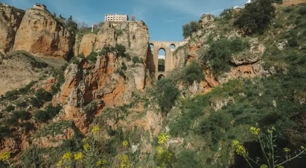 Mosty w Ronda, Andaluzja najpiękniejsze miejsca. Imponująca architektura na tle skalistych zboczy, porośniętych zielenią i żółtymi kwiatami.