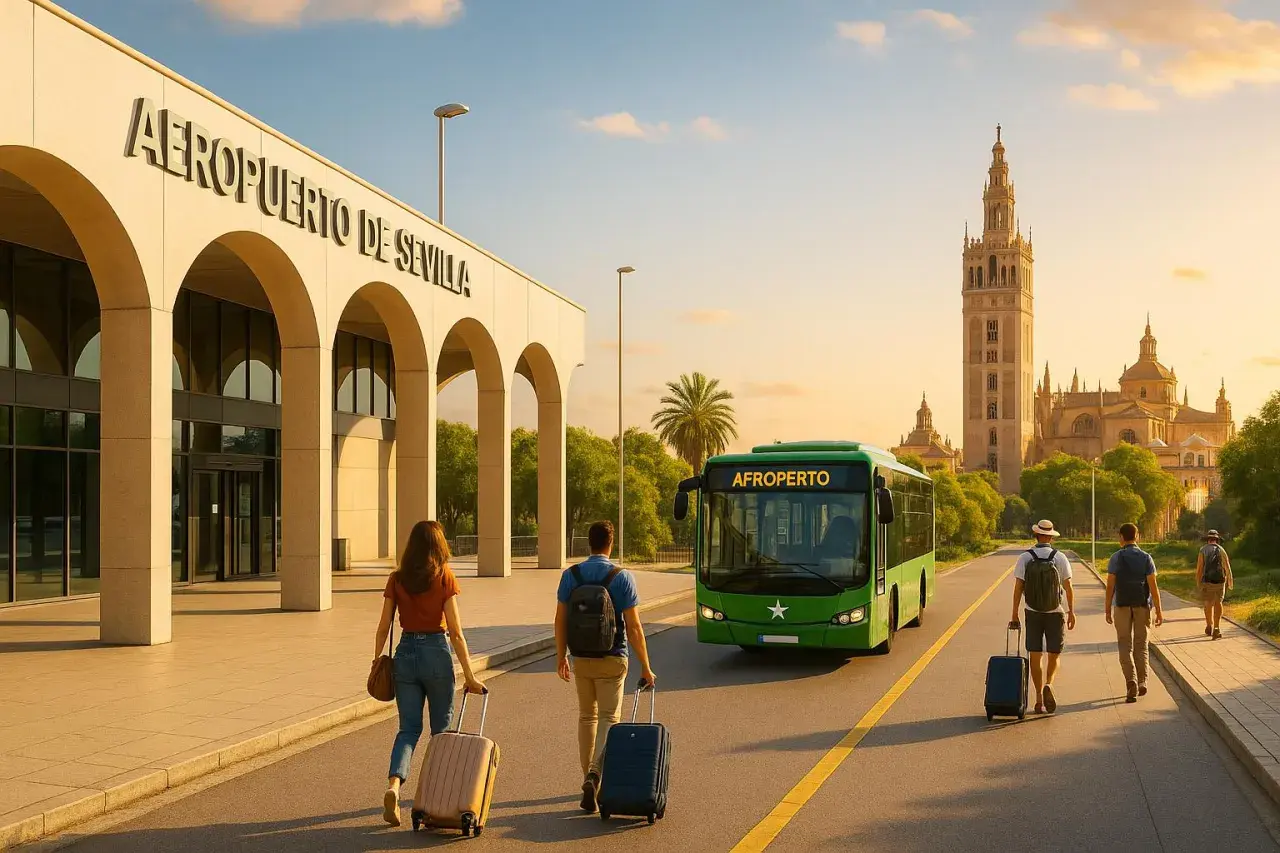 Ludzie z walizkami idą w stronę zielonego autobusu przed budynkiem Aeropuerto de Sevilla. W tle widać wieżę katedry.