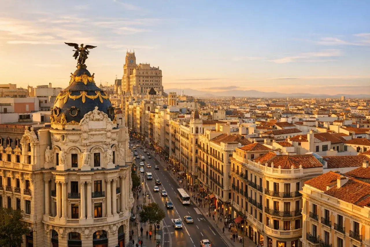 Zachód słońca nad Gran Vía, jedną z głównych ulic i atrakcji Madrytu. Widok na zabytkowe budynki i ruch uliczny.