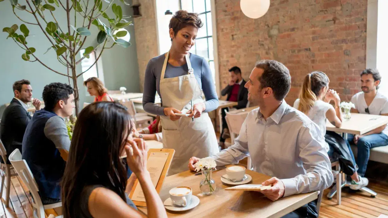 Kelnerka notuje zamówienie podczas dialogu w restauracji po hiszpańsku.