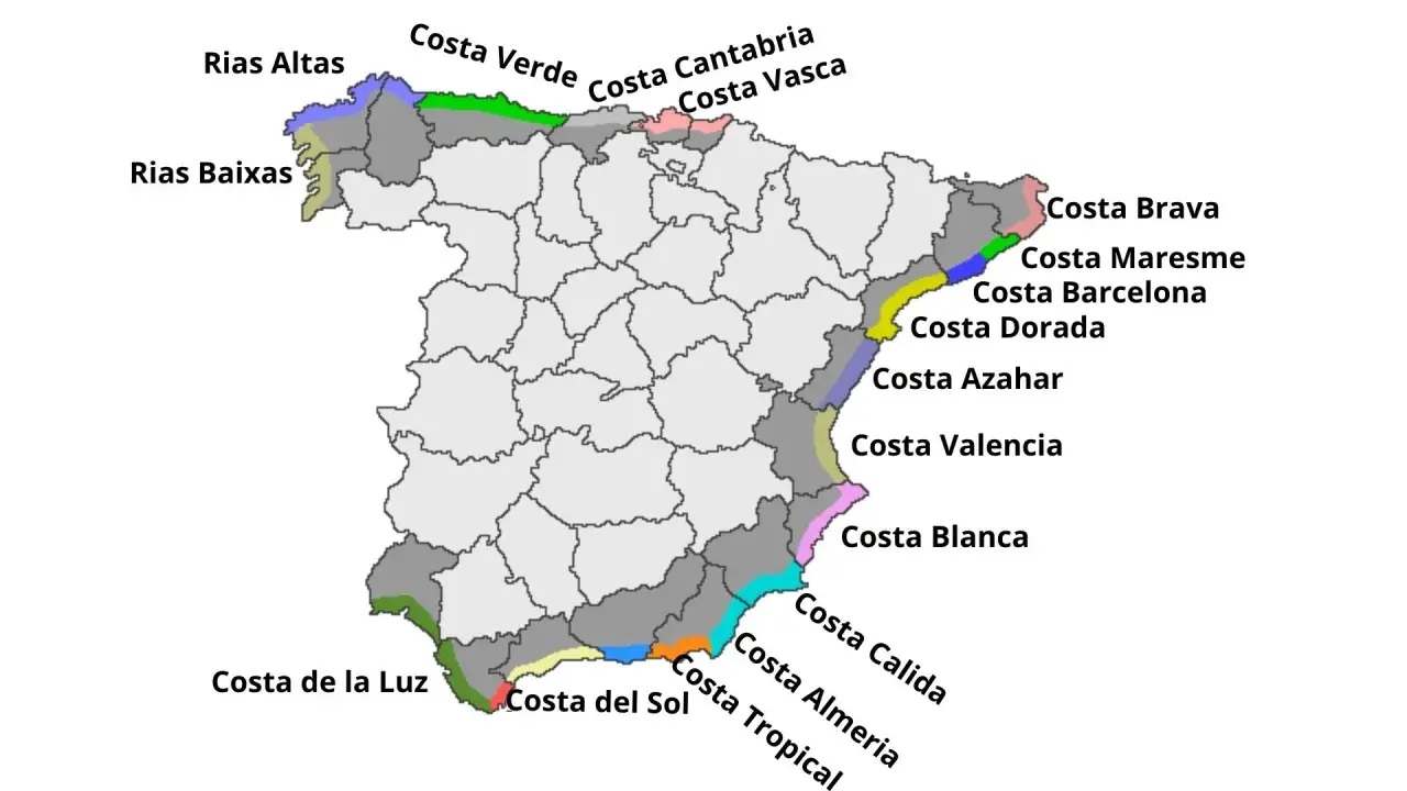 Mapa wybrzeży Hiszpanii z nazwami regionów, np. Costa Brava, Costa del Sol. Wiele lotnisk w Hiszpanii znajduje się w pobliżu tych popularnych turystycznie wybrzeży.