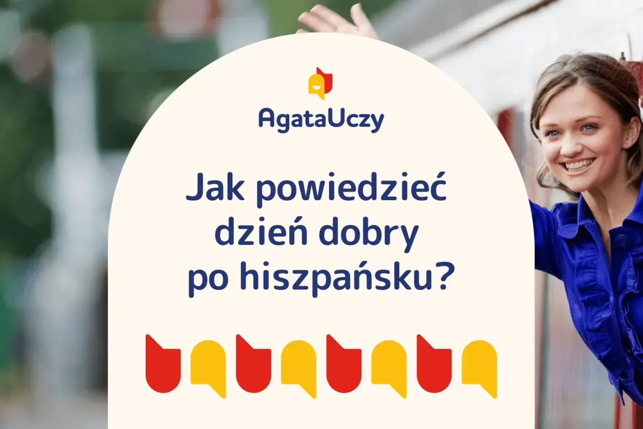 Uśmiechnięta kobieta w niebieskiej bluzce uczy, jak powiedzieć dzień dobry po hiszpańsku.