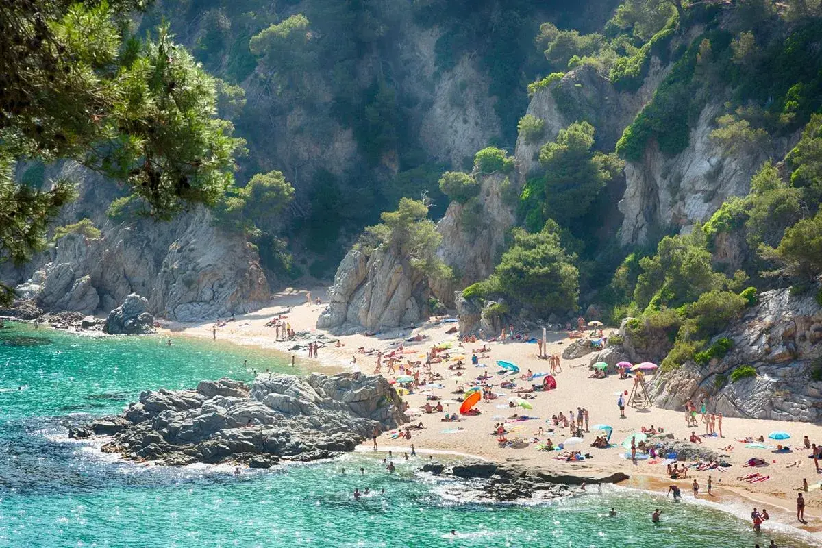 Słoneczna plaża w Gironie tętni życiem. Ludzie odpoczywają na piasku, kąpią się w turkusowej wodzie, a skaliste klify porośnięte zielenią tworzą malownicze tło.