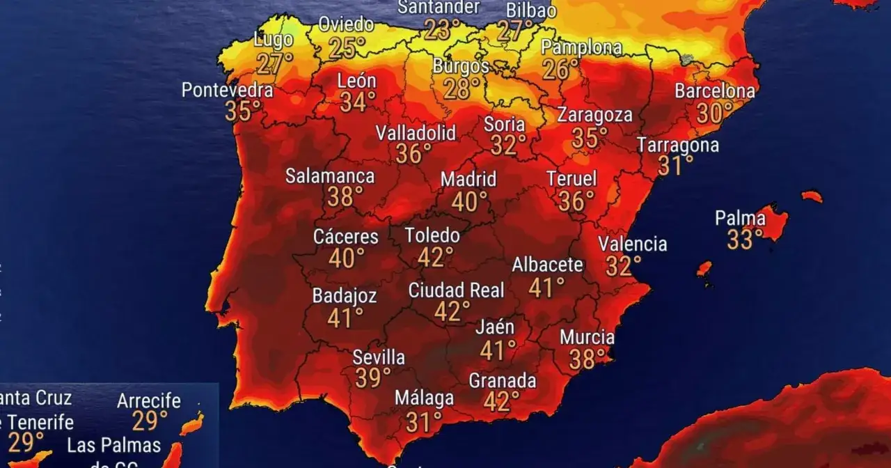 Mapa Hiszpanii z zaznaczonymi temperaturami. Widać, że hiszpania temperatura roczna jest wysoka, szczególnie w centrum i na południu kraju, gdzie termometry pokazują ponad 40°C.