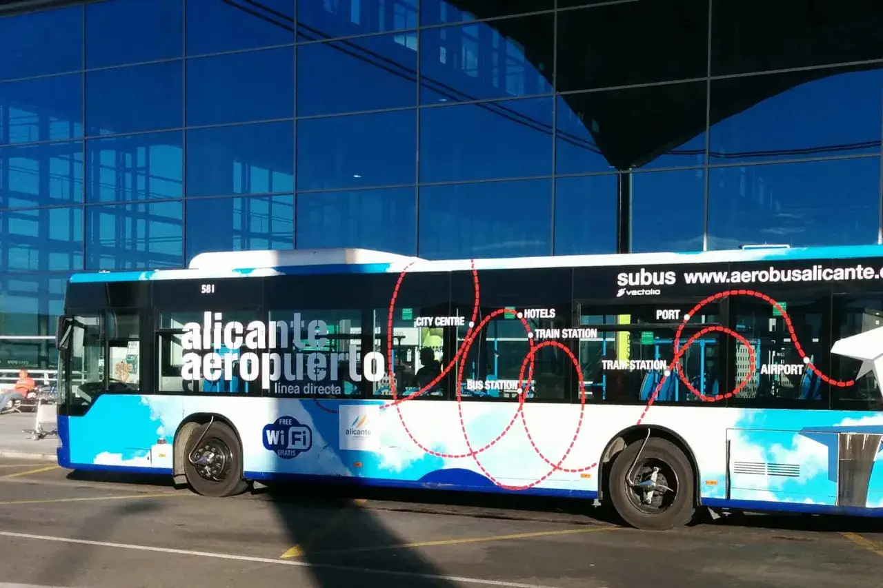 Autobus Aerobus Alicante z informacjami o trasie: centrum, hotele, dworzec kolejowy, port, lotnisko.