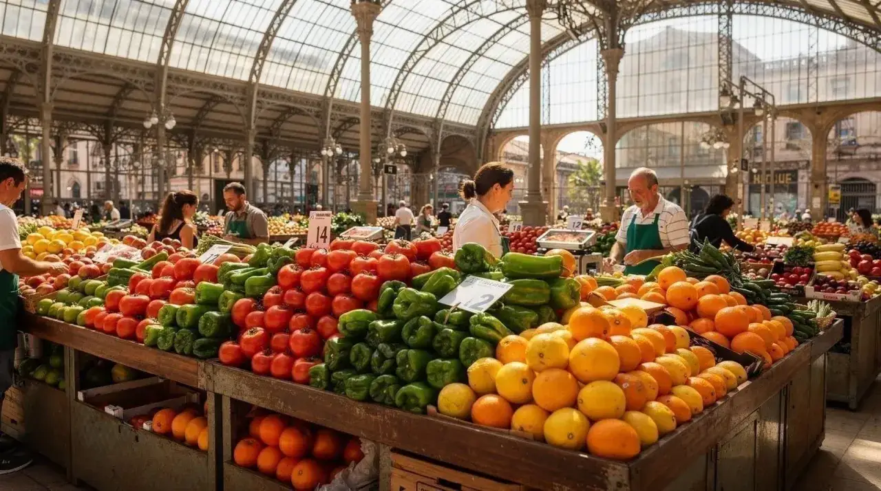 Kolorowe stoiska z owocami i warzywami na Mercado Central w Walencji. Widać pomidory, papryki, pomarańcze i cytryny.