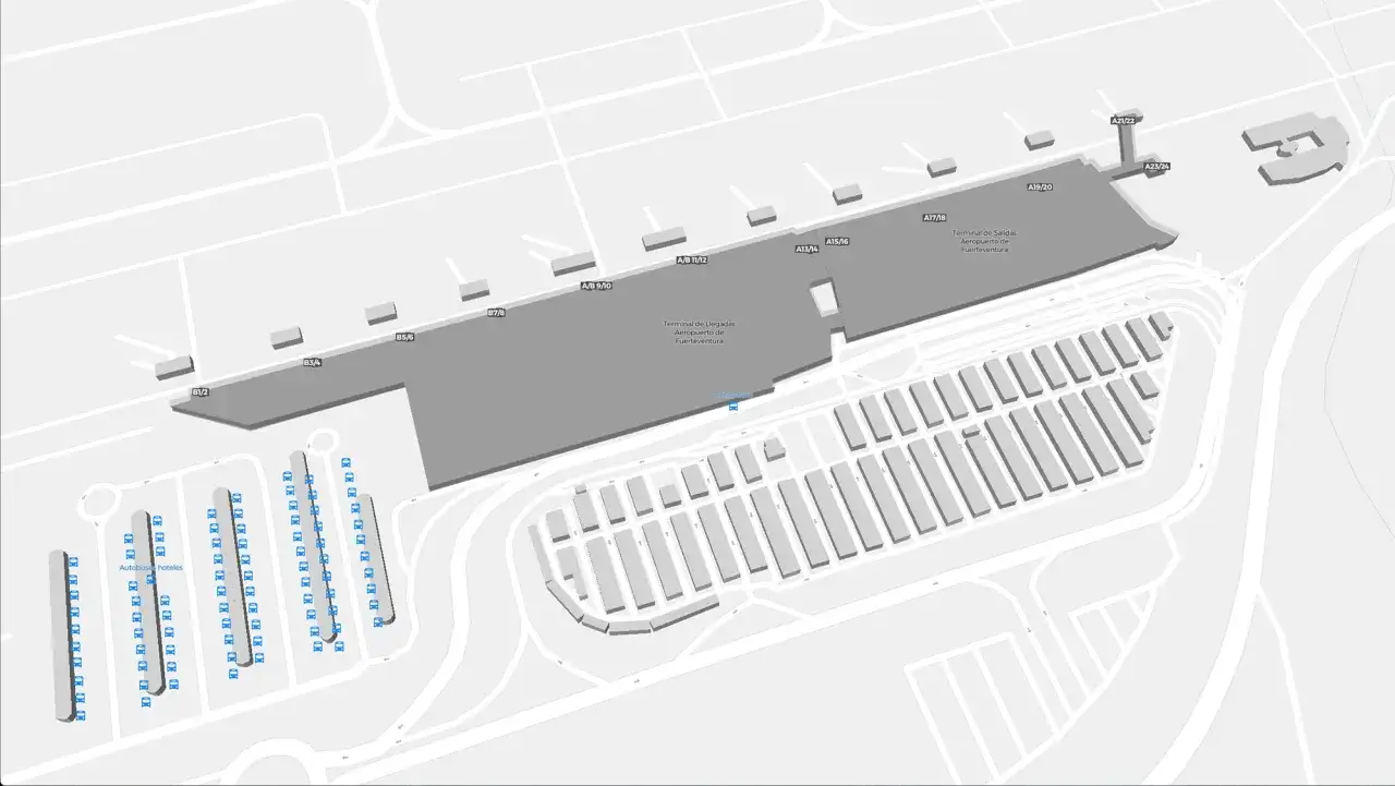 Plan lotniska Fuerteventura z terminalami, parkingami i drogami. Widoczne oznaczenia bramek A i B.