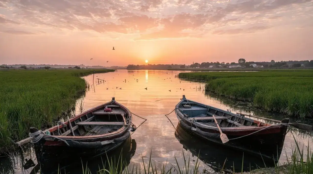 Dwa łodzie kołyszą się na spokojnej wodzie Albufera Valencia o zachodzie słońca, otoczone zielonymi polami ryżowymi.