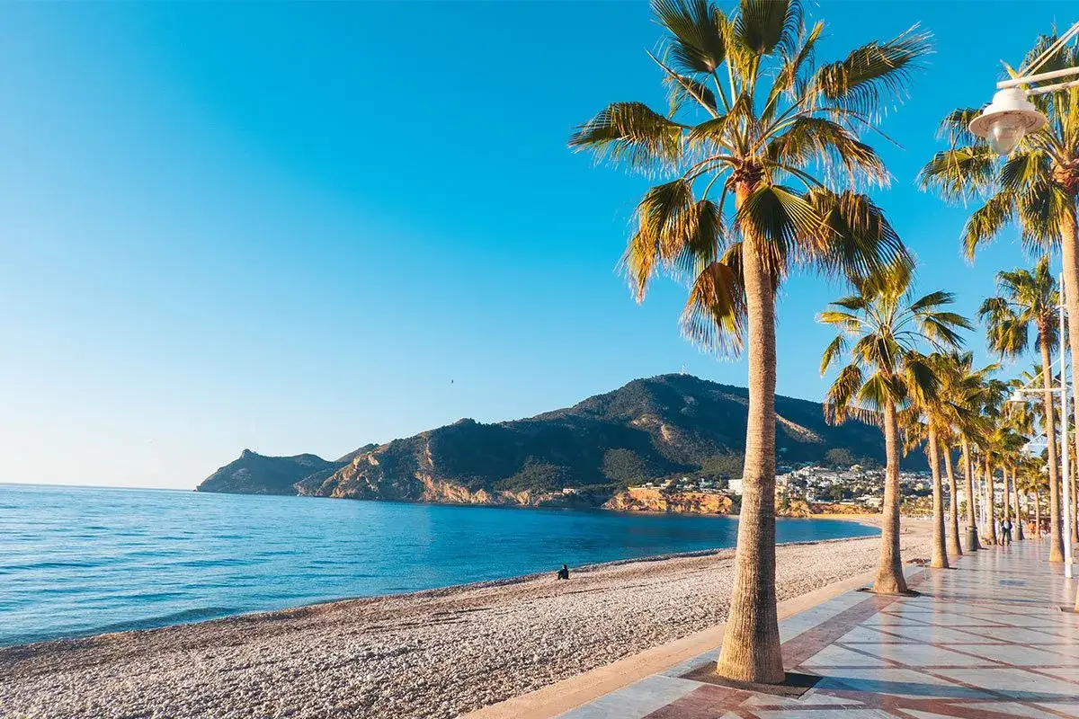 Alicante pogoda w kwietniu: słoneczna plaża z palmami i spokojnym morzem, idealna na spacer.