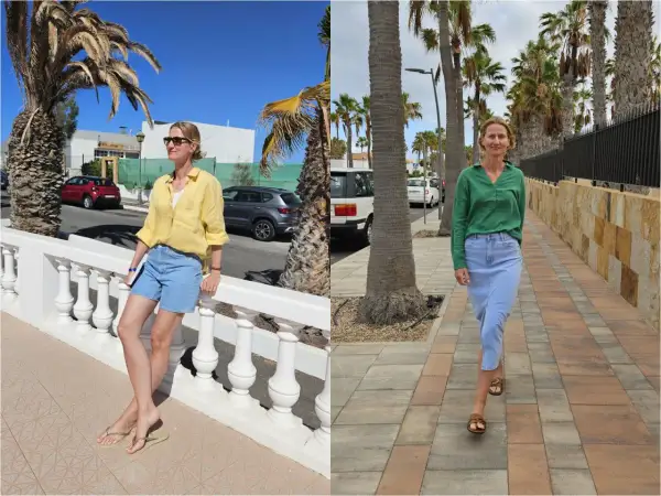Fuerteventura w grudniu: pogoda idealna na letnie ubrania. Kobieta w żółtej koszuli i szortach, a potem w zielonej bluzce i jeansowej spódnicy, cieszy się słońcem.