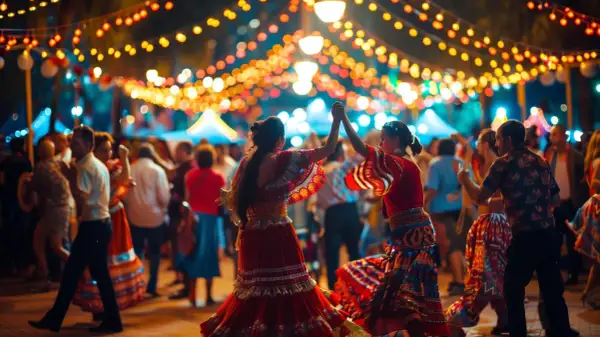 Tłum ludzi tańczy pod kolorowymi światłami podczas **feria de Málaga**. Dwie kobiety w tradycyjnych strojach wirują w radosnym tańcu.