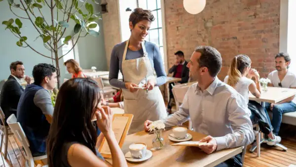 Kelnerka notuje zamówienie podczas dialogu w restauracji po hiszpańsku.