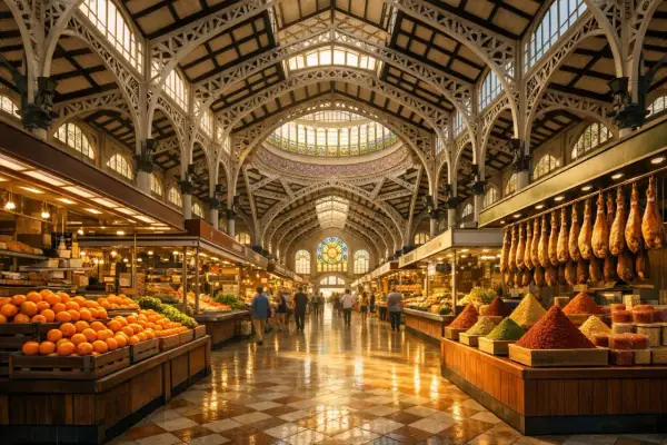 Wnętrze Mercado Central w Walencji, pełne kolorowych owoców, przypraw i wiszących szynek, pod imponującym, przeszklonym dachem.
