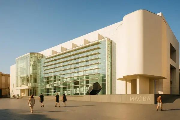 MACBA, muzeum sztuki współczesnej Barcelona, z nowoczesną architekturą i rzeźbą na placu.